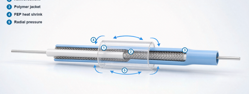 Multilayer medical catheter assembly using FEP heat shrink tubing during reflow.