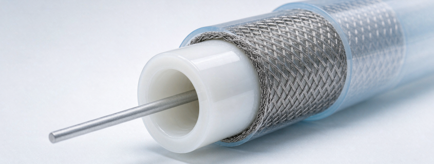 Cross-sectional illustration of a medical catheter with a PTFE tubing liner and guidewire.